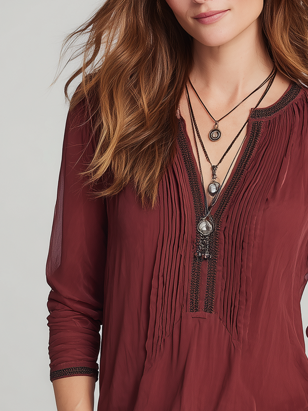 Vintage Contrast Trim Pleated Long Sleeve Henley Shirt