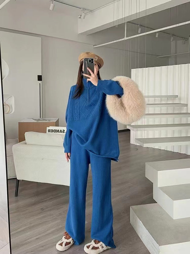 Stand Collar Knitted Sweater Wide Leg Pants Two Piece Set