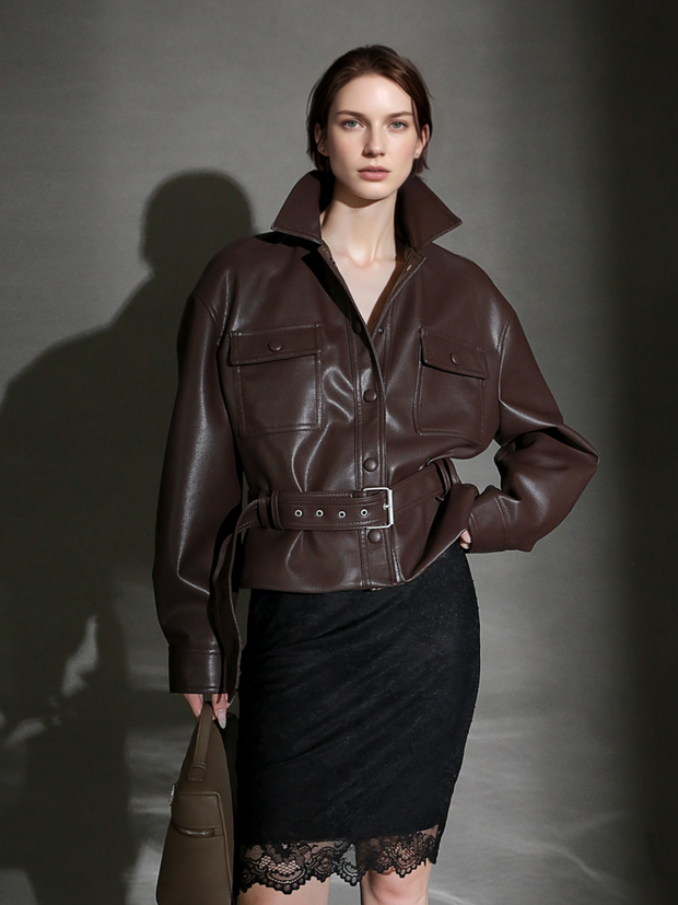 Women’s Cropped Sheepskin Leather Moto Jacket – High-End Belted Designer Biker Outerwear