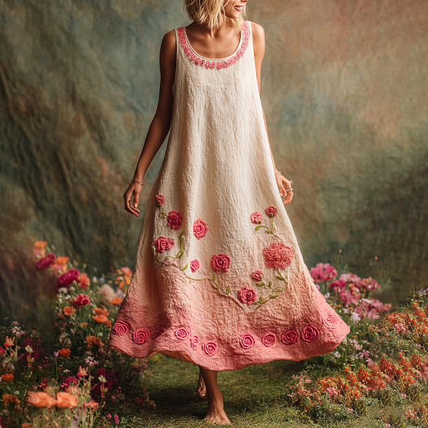 Pink Floral Embroidered Gradient Linen Tank Maxi Dress