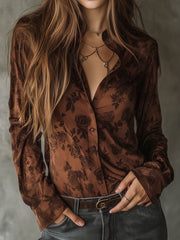 Vintage Rose Pattern Brown Button-Down Shirt