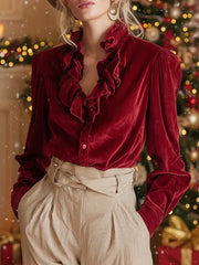 Women's Solid Color V-neck Ruffled Long Sleeve Casual Loose Velvet Shirt