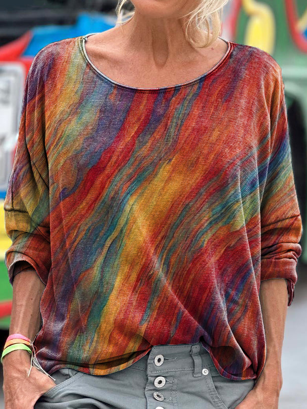 Women's Vintage Paint Tie Dye Art Print Casual Long Sleeve T-shirt