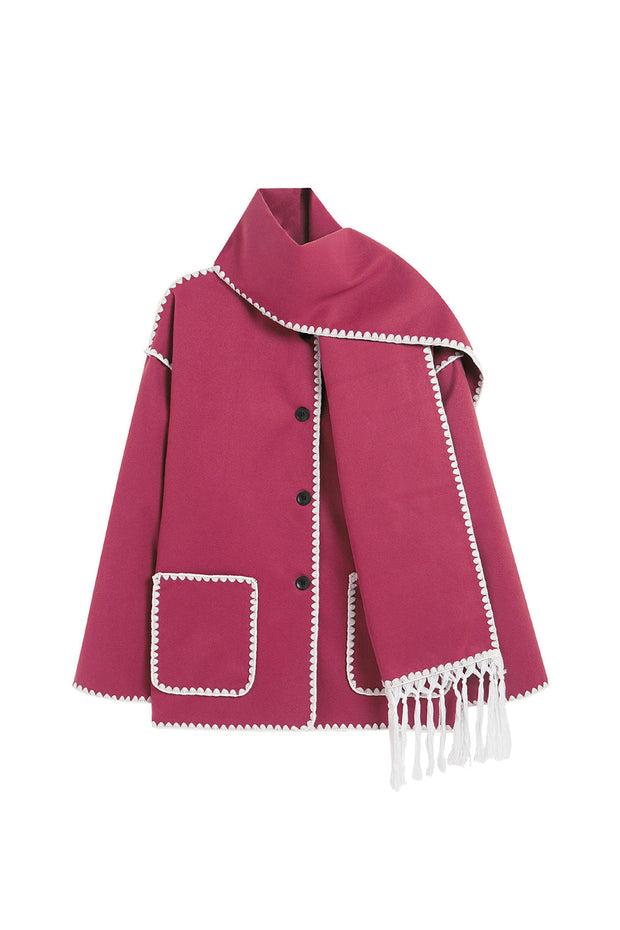 Contrast Trim Wool-blend Coat With Tassel Scarf