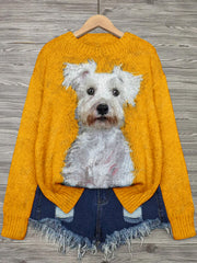 Cute Dog Pattern Crew Neck Cozy Knit Sweater