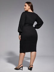 Plus Black Solid Tie Lantern Sleeves Midi Knit Dress