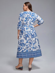 Plus Floral V-Neck Lantern Sleeve Boho Midi Dress