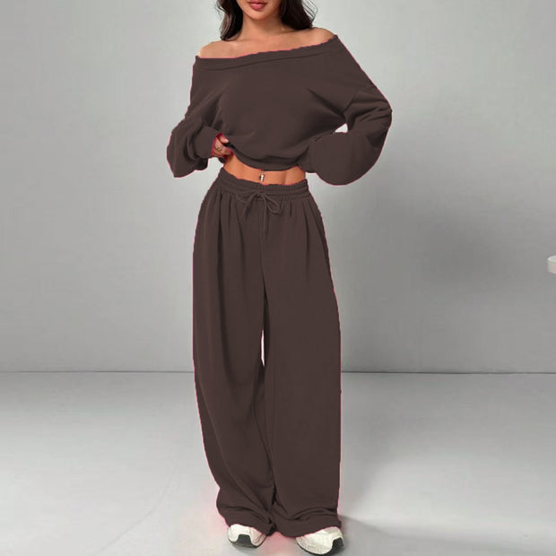 Fashion Slim-fit Off-the-shoulder Navel Solid Color Casual Pants Suit