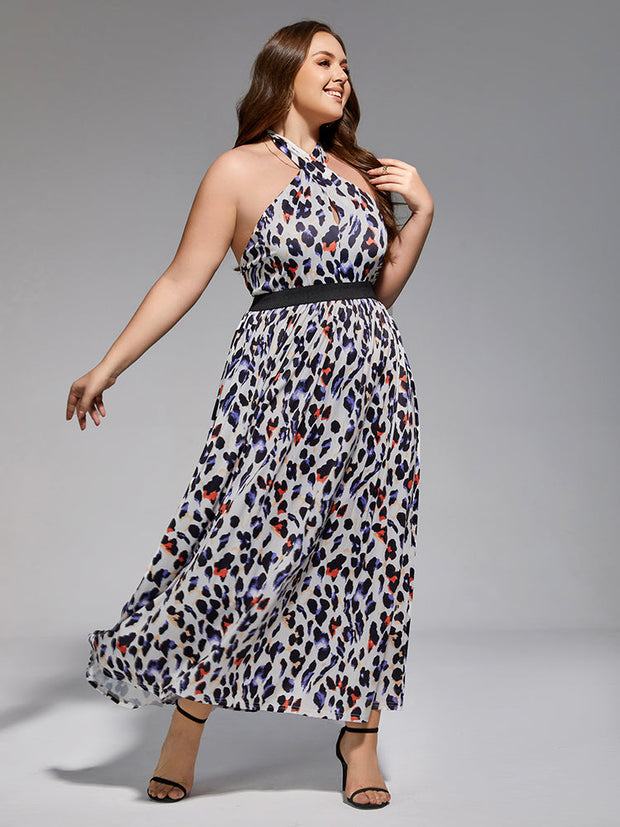 Plus Leopard Print Halter Elastic Waist Maxi Dress