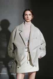 Women’s Vintage Waxed Sheepskin Leather Jacket – Distressed Blazer Collar Trendy Moto Outerwear