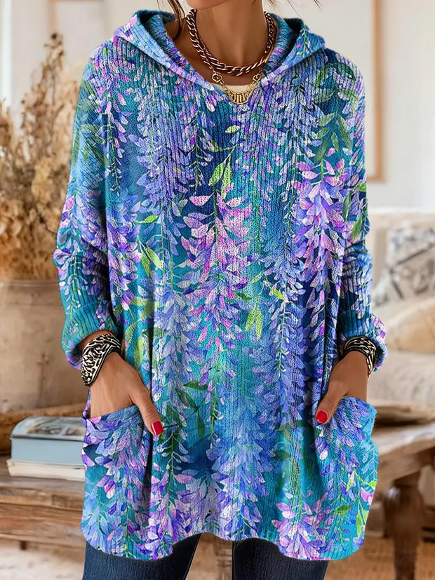 Women's Ethnic Floral Art Print Casual Knitted Pocket Hooded Tunic Top