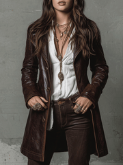 Vintage Brown Eco-Leather Long Coat