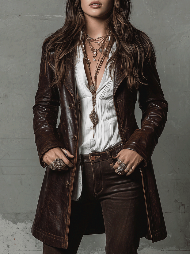 Vintage Brown Eco-Leather Long Coat