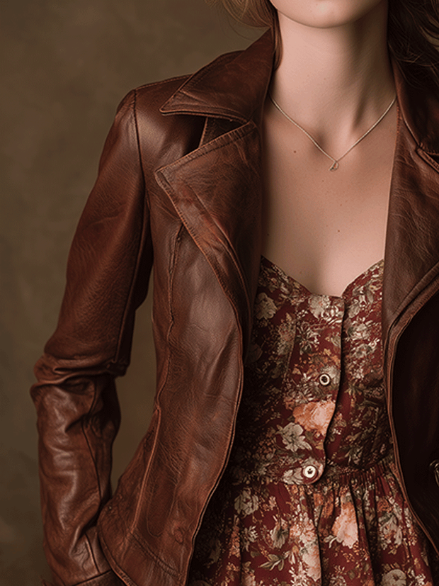 Autumn Romantic Brown Vintage Faux Leather Cropped Jacket