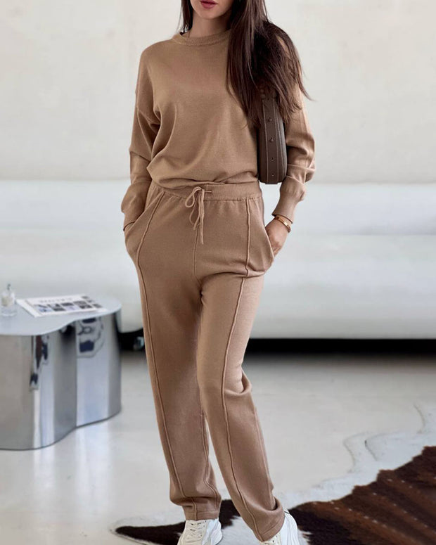 Casual round neck top and carrot pants knitted two-piece set