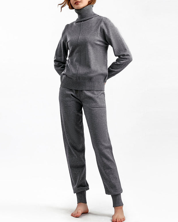 Turtleneck solid color sweater knitted two-piece set