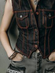 Vintage Slim Fit Washed Contrast Stitching Black Denim Vest