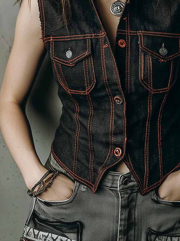 Vintage Slim Fit Washed Contrast Stitching Black Denim Vest