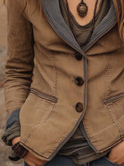 Camel Washed Denim Slim-Fit Blazer With Contrast Trim