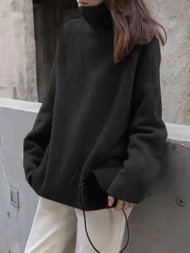 Casual Loose Long Sleeves Solid Color High-Neck Sweater Tops