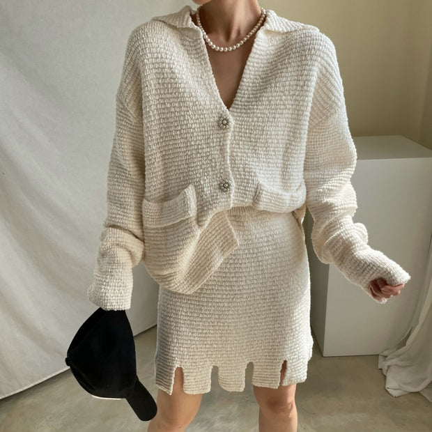 Temperament V-Neck Single-Breasted Sweater Knit Set