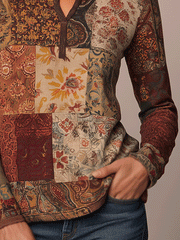 Bohemian Mixed Floral Long Sleeve Henley T-Shirt