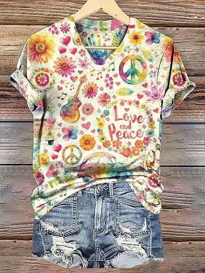 Vintage Hippie Watercolor Peace Flower Power Print T-Shirt