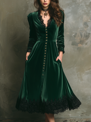 Vintage Lace Trim Long Sleeve Velvet Midi Dress