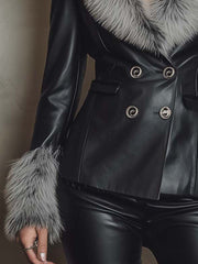 Eco-Leather Double-Breasted Jacket With Faux Fur Collar & Cuffs