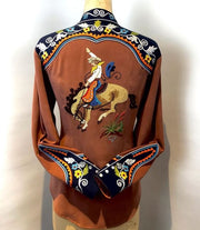 Vintage Embroidered Print Brown Shirt