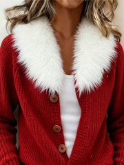 Women'S Casual Color-Blocked Knit Sweater With Fur Collar