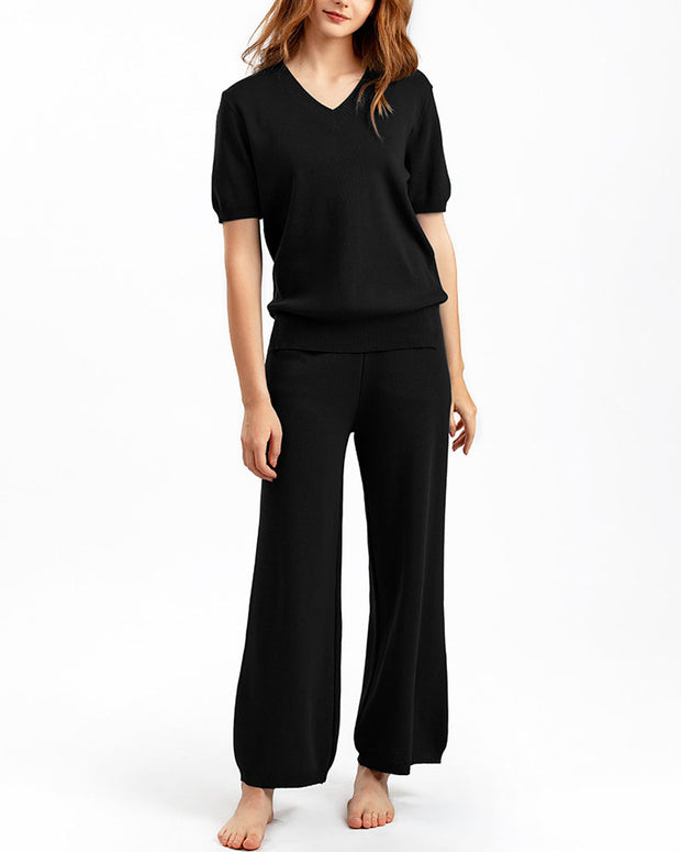 V-neck loose slit sweater straight-leg trousers two-piece set