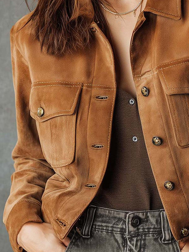 Vintage Suede Button-Up Utility Jacket