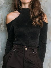 Chic Black Shimmery Knit Cold Shoulder Glitter Top