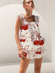 Bow Tie Cherry Print Ruffled Trim Short Tank Top Shorts Pajama Set