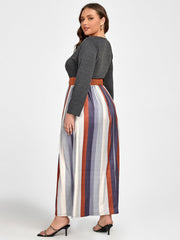 Plus Colorblock Striped Patchwork Pocket Maxi Dress Without Belt