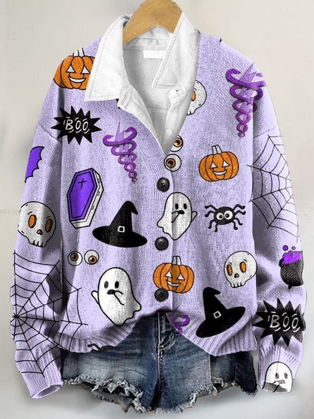 Halloween Pattern Art Print Buttoned V-neck Cardigan Sweater