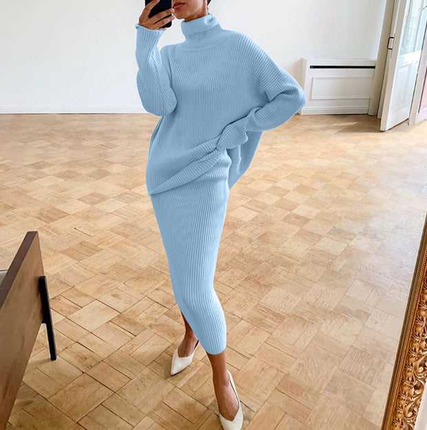 Casual Turtleneck Sweater Loose Version Skirt Suit