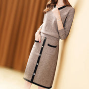 Elegant Color Block V-neck Woolen Set