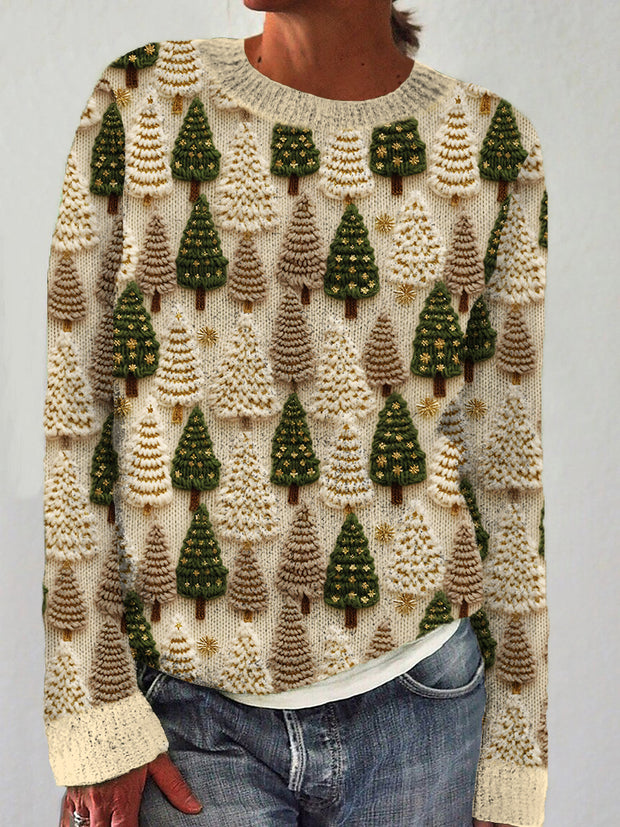 Christmas Tree Embroidery Art Casual Cozy Knit Sweater