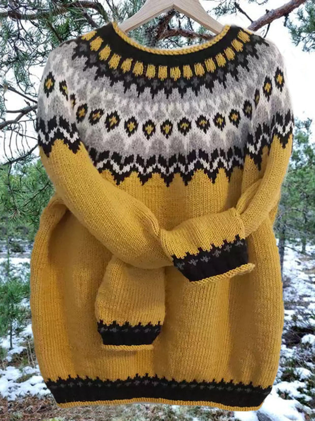 Unisex Vintage Icelandic Yellow Knit Jacquard Warmth Crew Neck Sweater