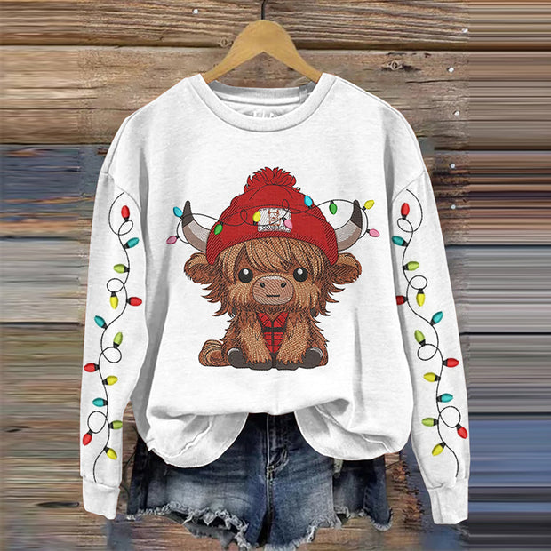 Vintage Scottish Highlander Baby Highland Cow With Christmas Lights Embroidery Pattern Print Ladies Sweatshirt