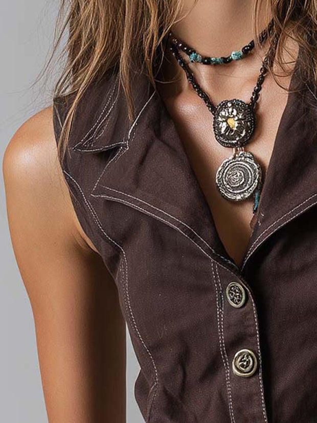 Chocolate Contrast-Stitch Button Vest Top