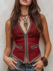 Bohemian Floral Contrast Trim Zip-up Vest