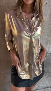 Lapel Long Sleeve Lustrous Shirt