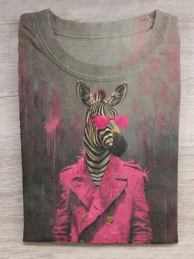 Funny Zebra Wearing A Pink Suit and Pink Sunglasses Print T-shirt