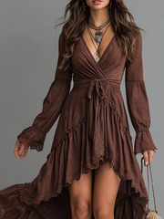 Retro-style Irregular Hem Lace Trim Denim Midi Dress