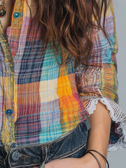 Colorful Plaid Print Lace Panel Blouse