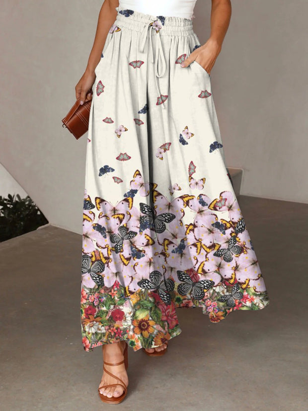 Butterfly Floral Print Wide Leg Pants