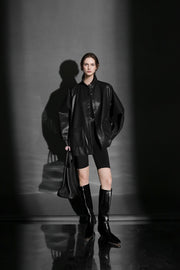 Chic Oversized Leather Jacket for Women – Premium Lambskin Commuter Coat with Large Pockets, Autumn Fashion